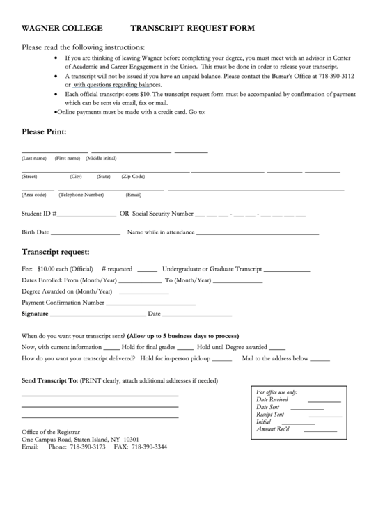 Wagner College Transcript Request Form Printable pdf