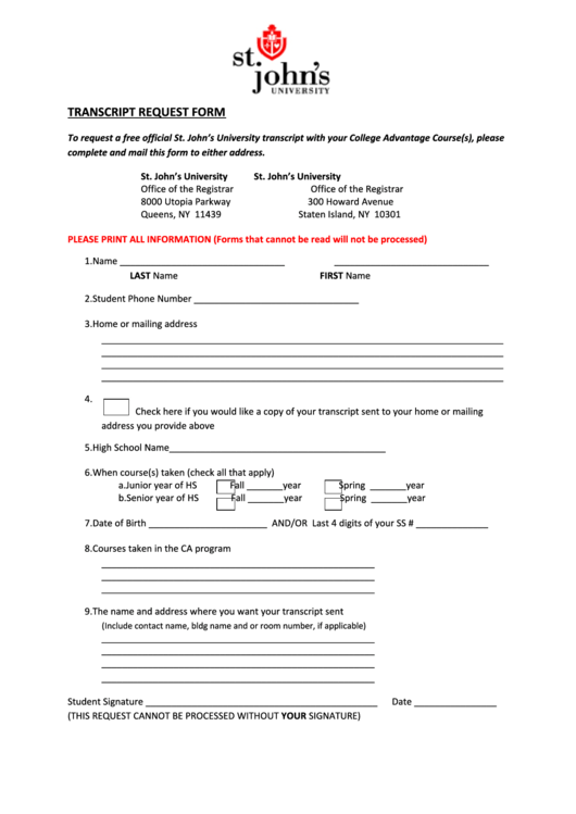 Transcript Request Form - St Johns University Printable pdf