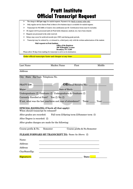 Transcript Request Form - Pratt Institute Printable pdf