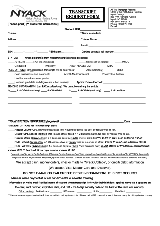 Transcript Request Form Nyack College Printable pdf