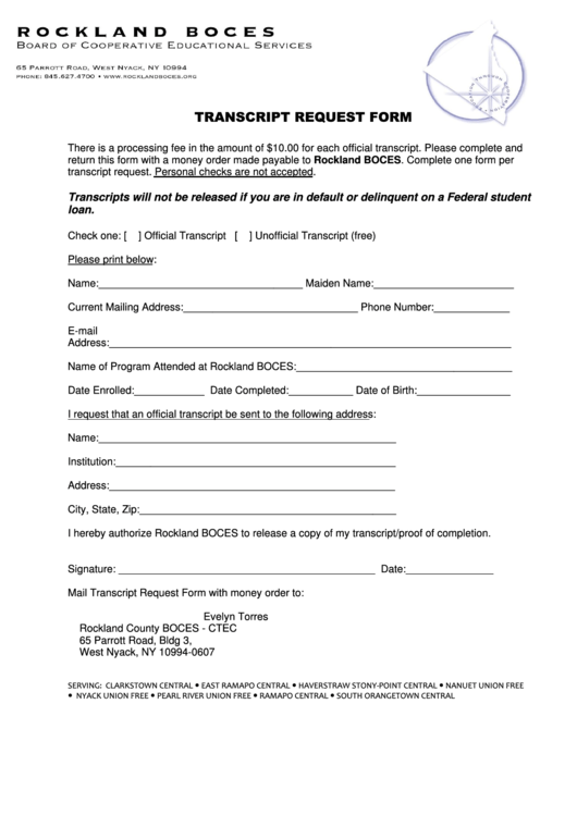Transcript Request Form - Rockland Boces Printable pdf
