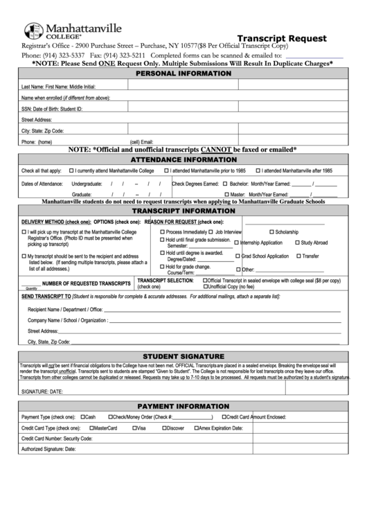 Transcript Request Form Manhattanville College Printable pdf