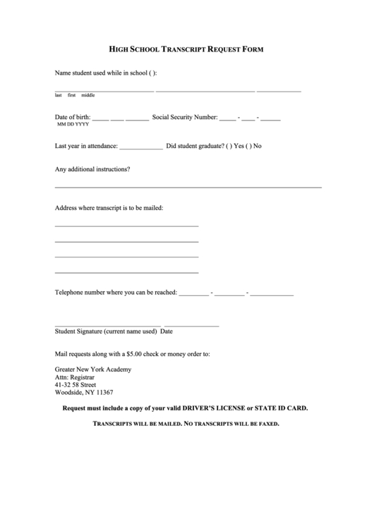 Transcript Request Form Greater New York Academy Printable pdf