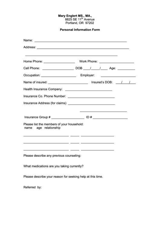 Personal Information Form Printable pdf