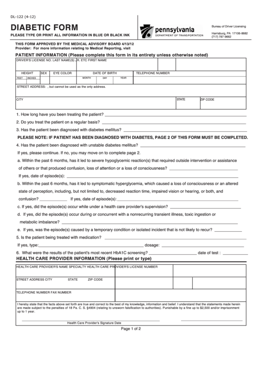 Fillable Form Dl-122 - Diabetic Form Printable pdf