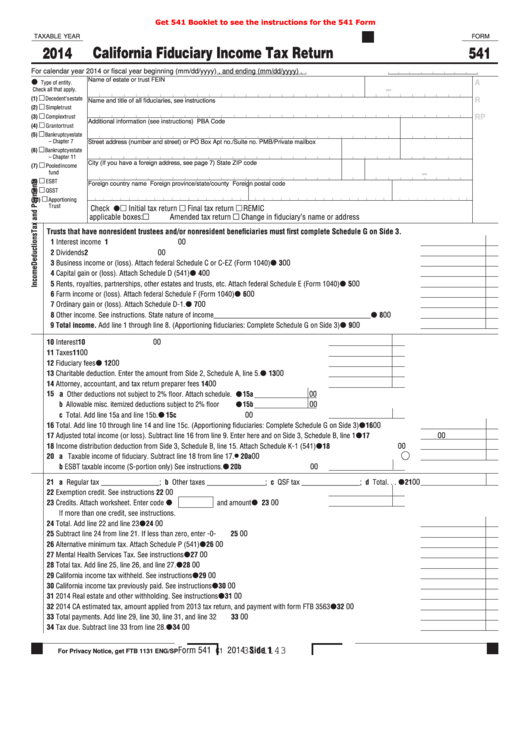 Fillable Form 541 - California Fiduciary Income Tax Return - 2014 Printable pdf