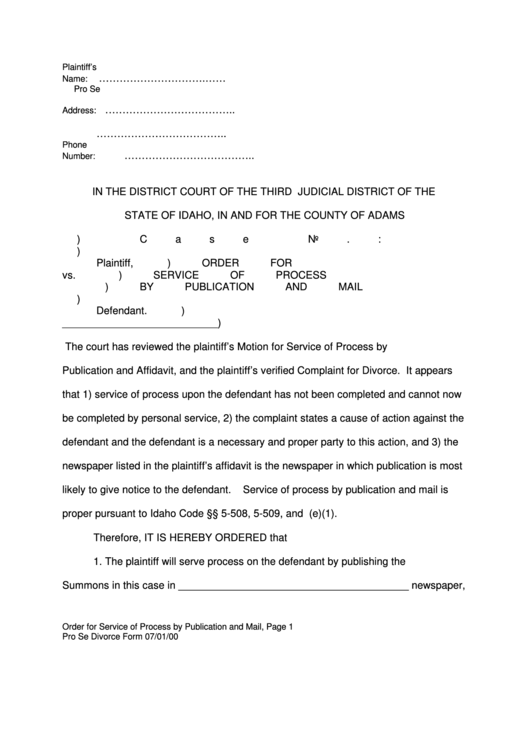 Order For Service Of Process By Publication Nd Mail District Court Printable pdf