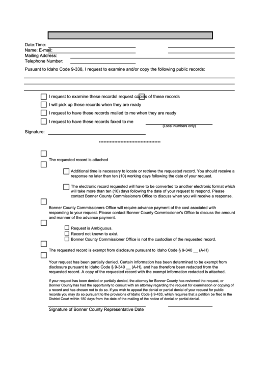 Fillable Public Records Request Form - Bonner County Printable pdf