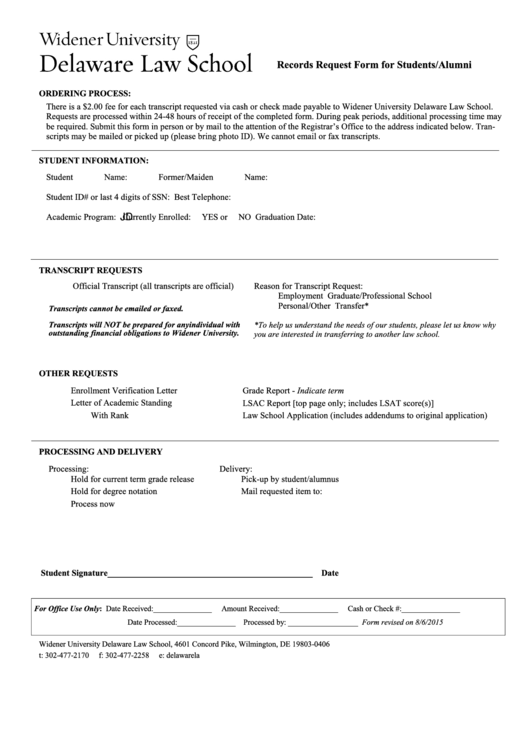 Fillable Records Request Form For Students/alumni Printable pdf