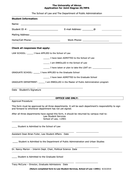 Fillable Application Form For Joint Degree Jd/mpa Printable pdf