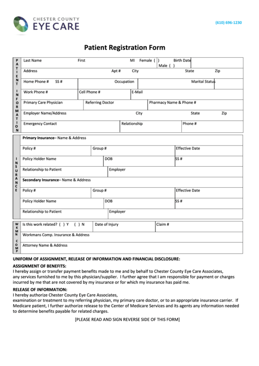 Patient Registration Form - Chester County Eye Care Printable pdf