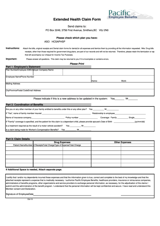 Fillable Extended Health Claim Form Pacific Employee Benefits Printable pdf
