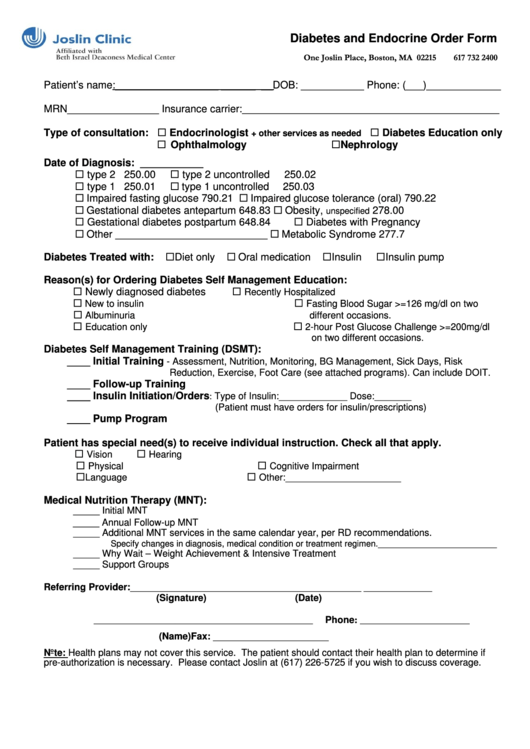 Diabetes And Endocrine Order Form - Joslin Diabetes Center Printable pdf