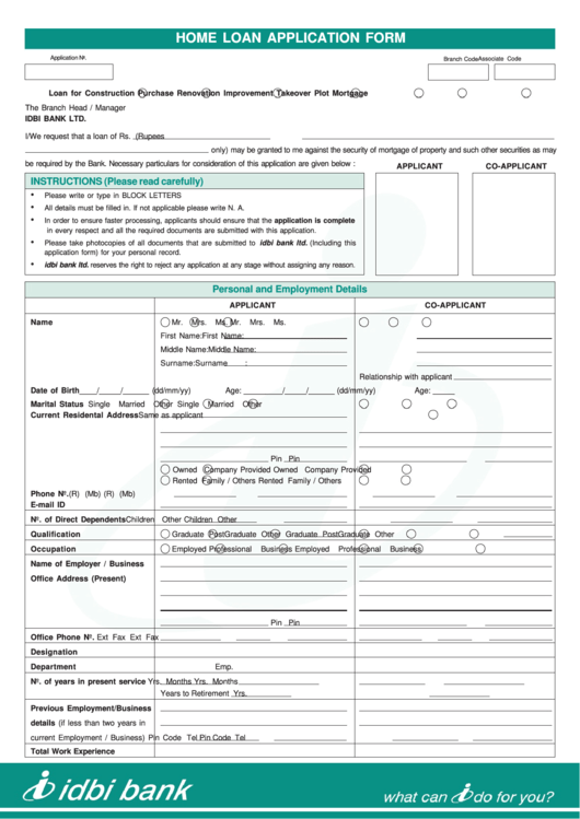 Home Loan Application Form Idbi Bank Printable pdf