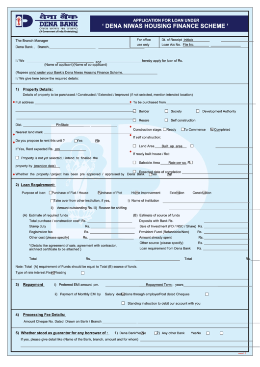 Application For Loan Under Dena Niwas Housing Finance - Dena Bank Printable pdf