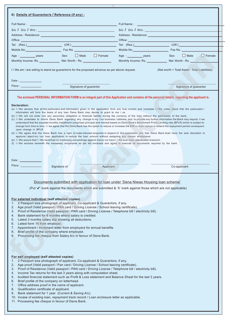 Application For Loan Under Dena Niwas Housing Finance - Dena Bank