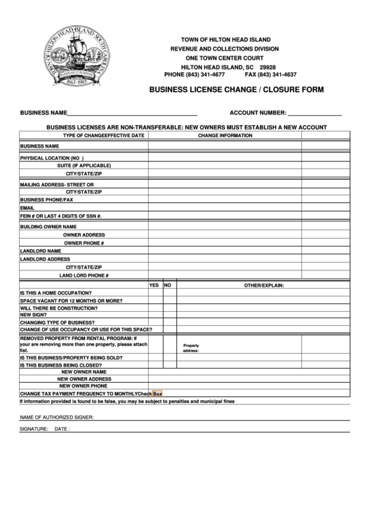 Business License Change/closure Form - Town Of Hilton Head Island