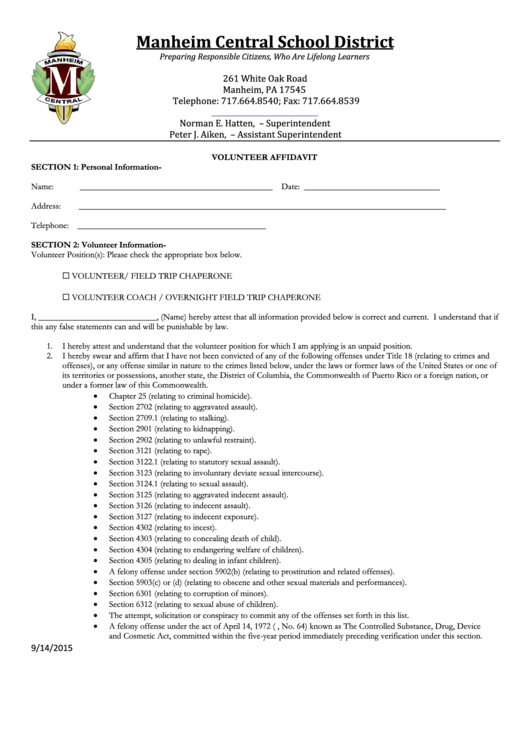 Volunteer Affidavit Form Printable pdf