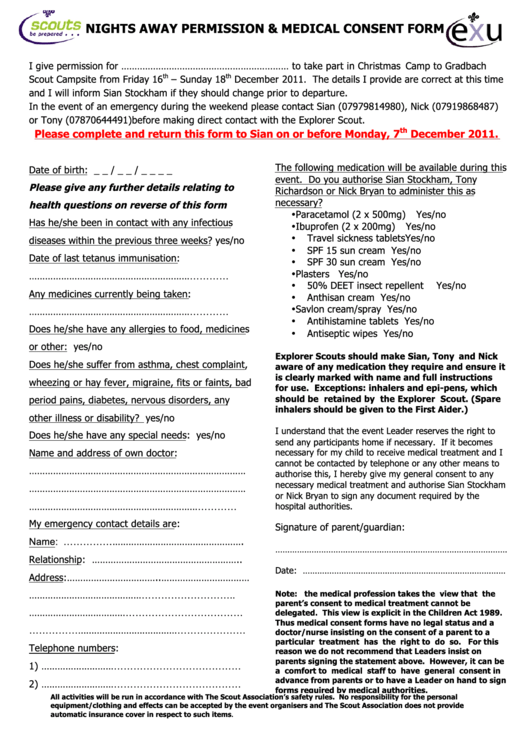 Nights Away Permission Medical Consent Form Printable pdf