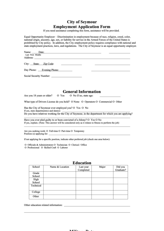 City Of Seymour Employment Application Form General Information Printable pdf