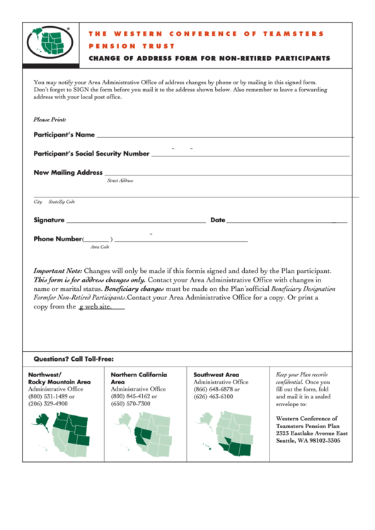 Fillable Change Of Address Form For Non Retired Participants Printable pdf