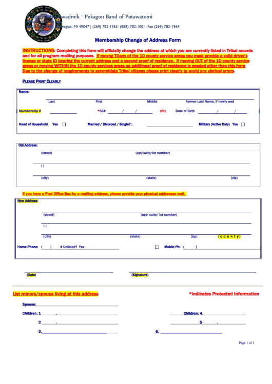 Change Of Address Form Pokagon Band Of Potawatomi Printable pdf