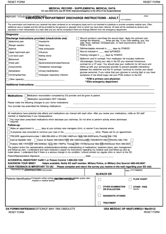 Fillable Da Form 4700 - Medical Record - Supplemental Medical Data Printable pdf