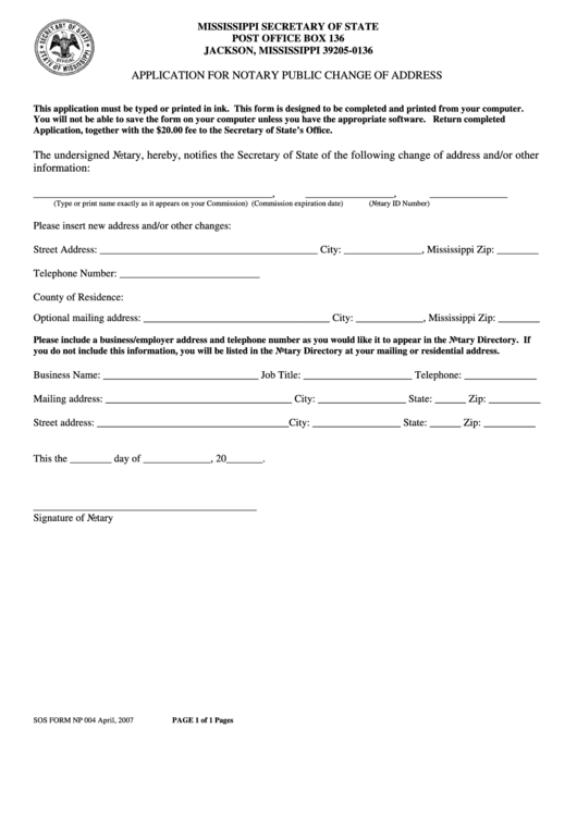 Fillable Sos Form Np 004 - Application For Notary Public Change Of Address Printable pdf