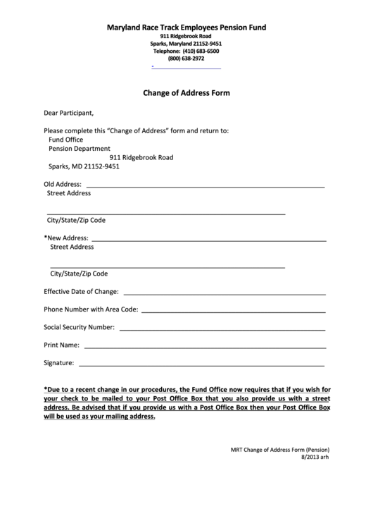 Change Of Address Form - Maryland Printable pdf