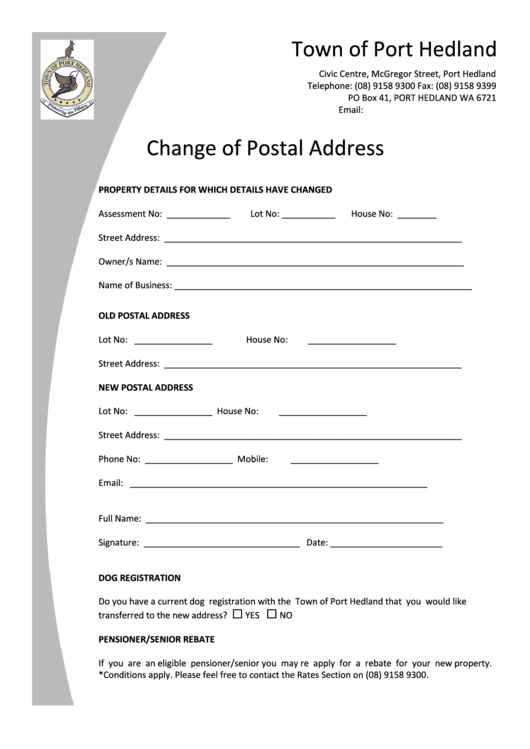 Change Of Address Form - Town Of Port Hedland Printable pdf