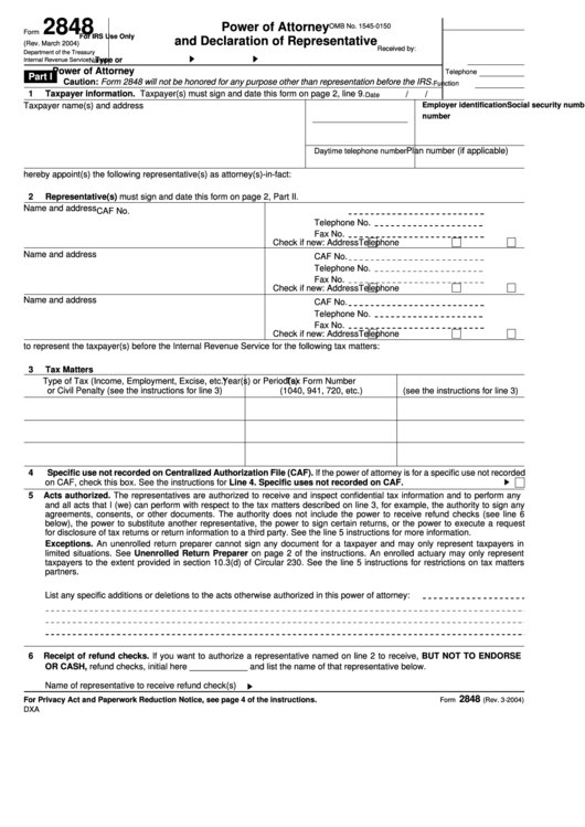 Form 2848 - Power Of Attorney And Declaration Of Representative Printable pdf