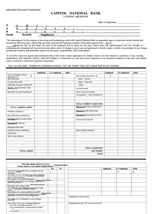Personal Financial Statement - Capitol National Bank