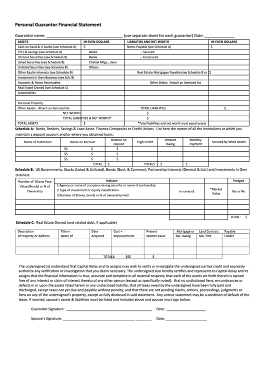 Personal Guarantor Financial Statement Printable pdf
