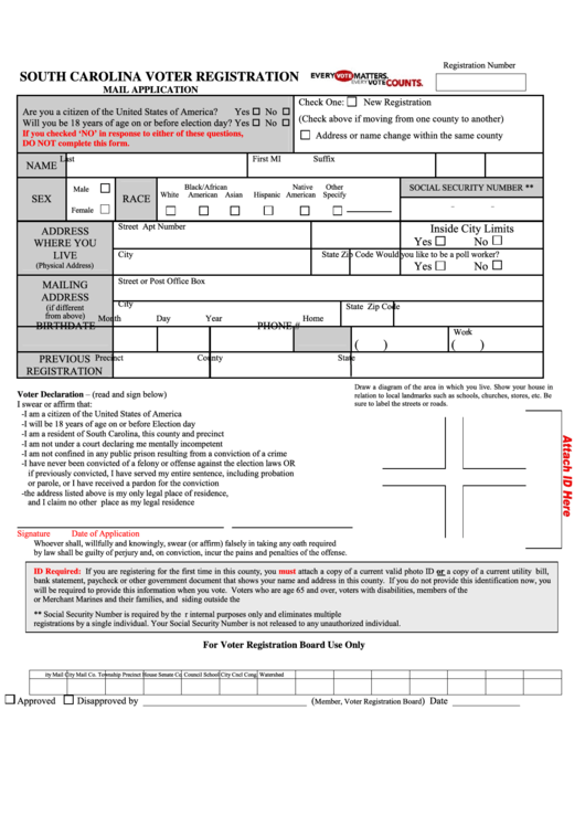South Carolina Voter Registration Form - Mail Application Printable pdf