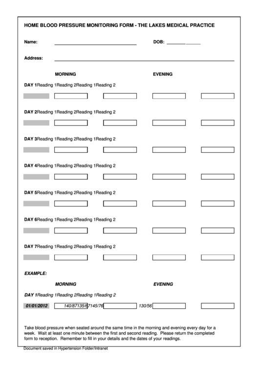 Home Blood Pressure Monitoring Form - The Lakes Medical Practice Printable pdf