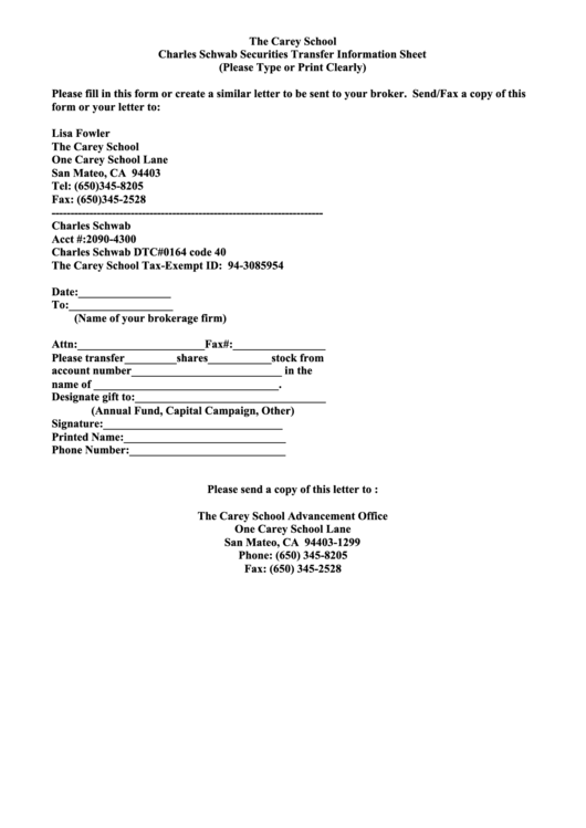 The Carey School Charles Schwab Securities Transfer Information Form Printable pdf