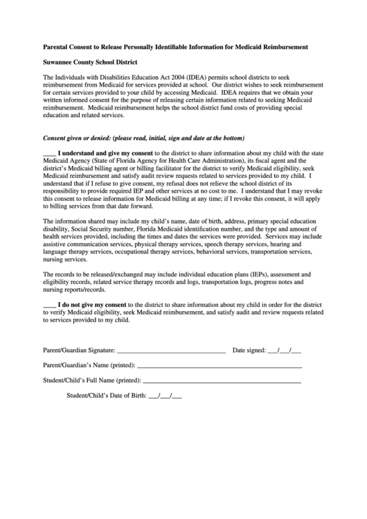 Medicaid Consent Form Suwannee County Schools Printable pdf