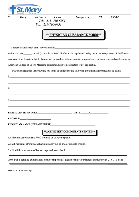 Physician Clearance Form Printable pdf