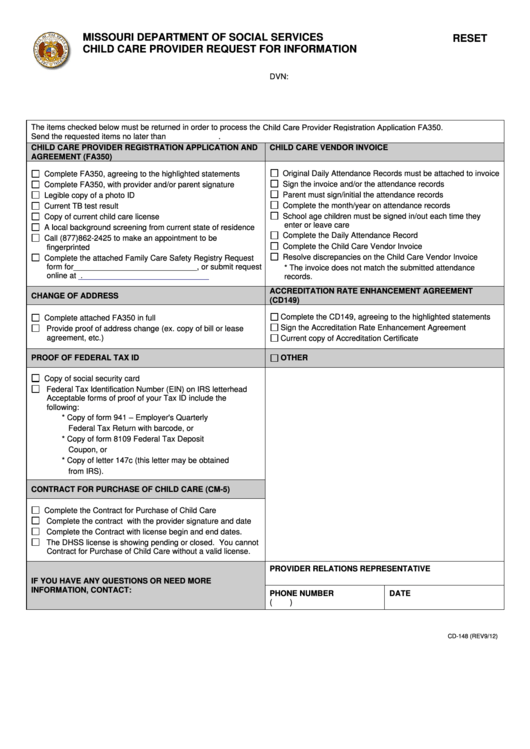 Fillable Child Care Provider Request For Information Printable pdf