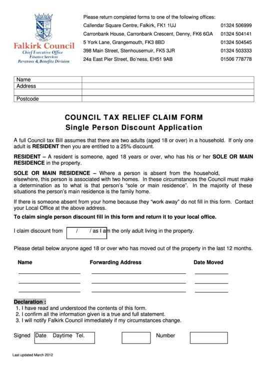Council Tax Relief Claim Form Printable pdf