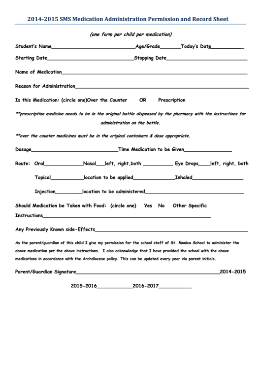 Sms Medication Administration Permission Printable pdf