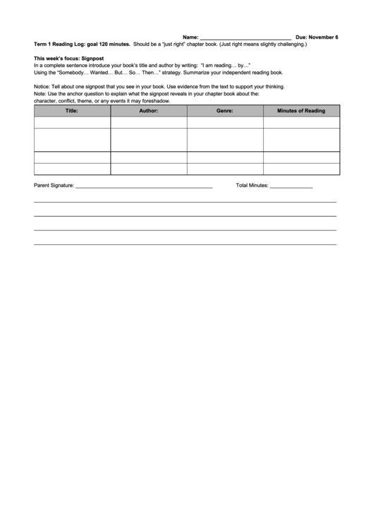120 Minute Reading Assignment - Reading Log Printable pdf