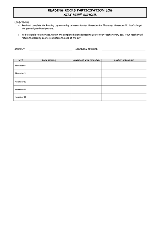 "Reading Rocks" Reading Log - November 8th - 12th Printable pdf