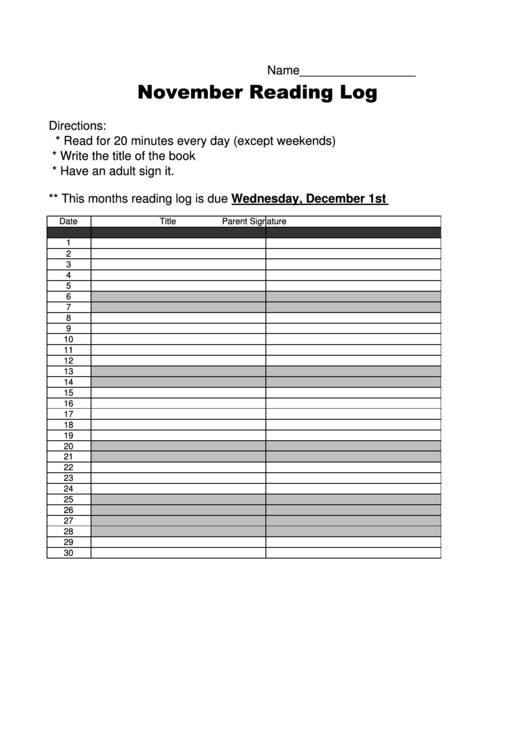 November Reading Log Due Wednesday, December 1st Printable pdf