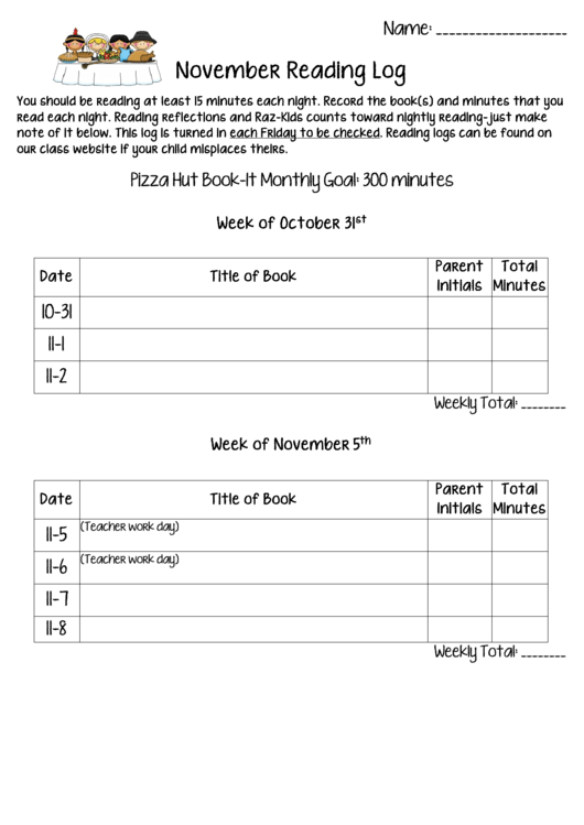 November Reading Log Printable pdf