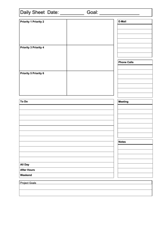 Daily Planning Sheet Template Printable pdf