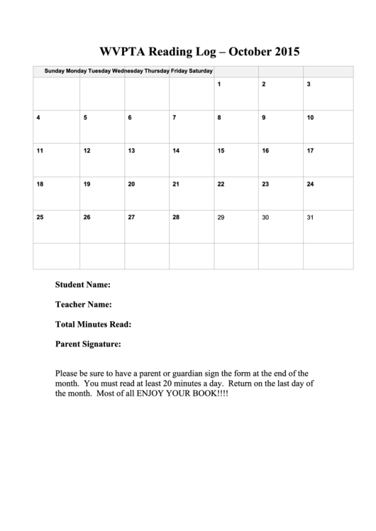 Wvpta Reading Log - October 2015 Printable pdf