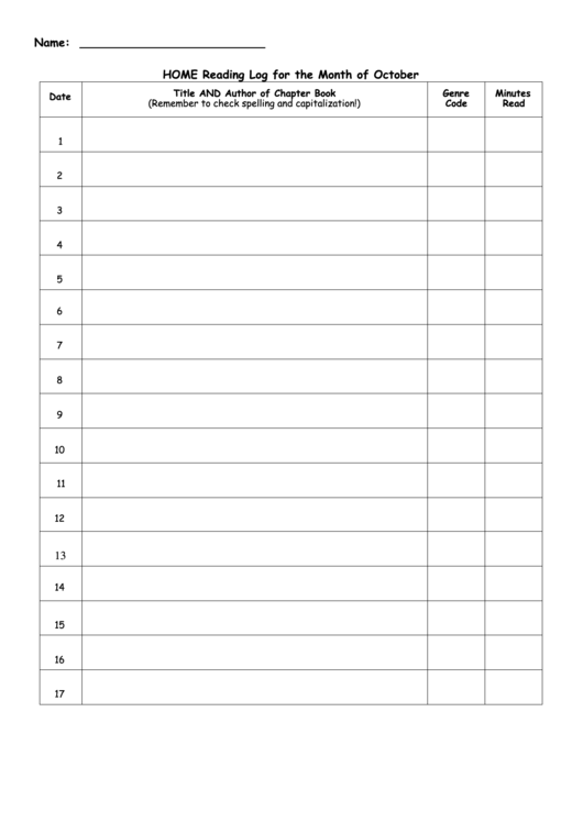 Home Reading Log For The Month Of October Printable pdf