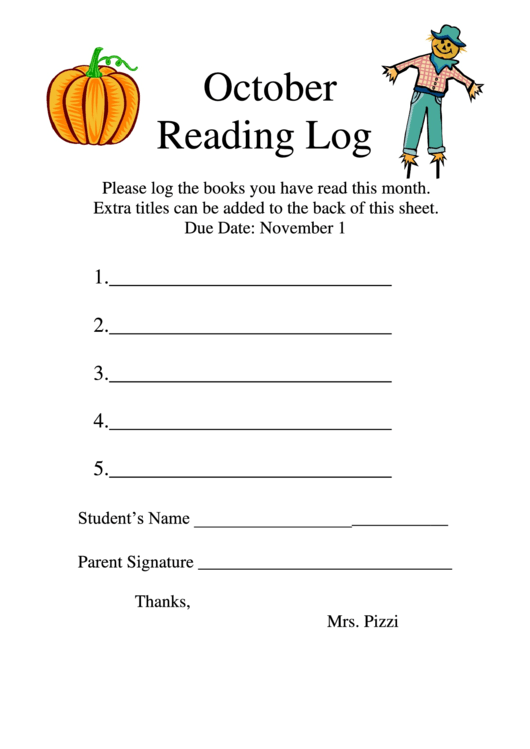 October Reading Log Template Printable pdf