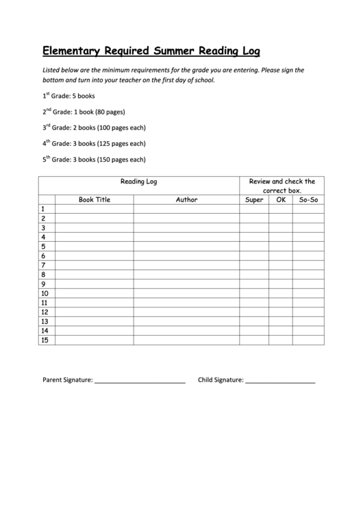 Elementary Required Summer Reading Log Printable pdf